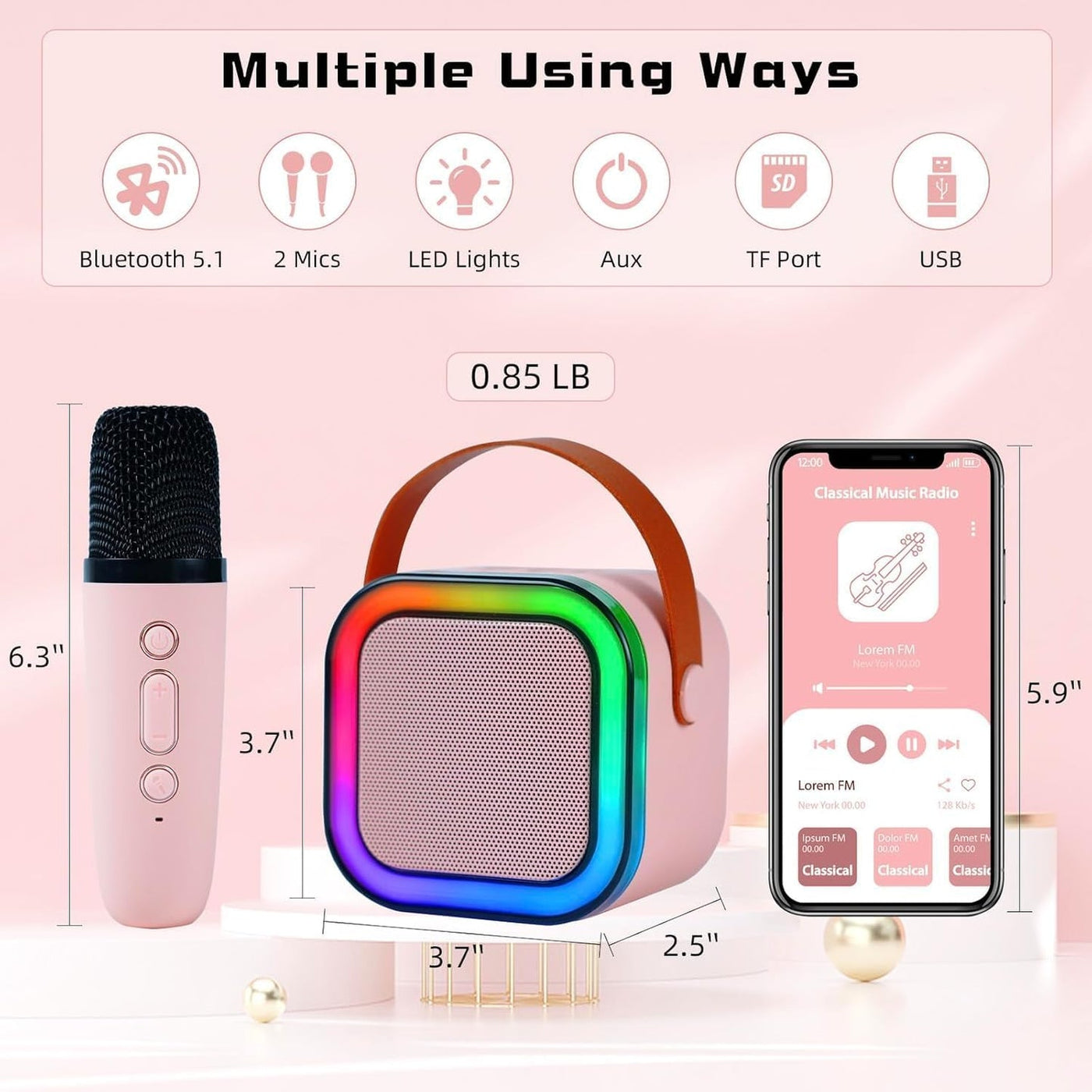 2 Mic Wireless Karaoke Speaker with Dual Mic, 6W Bluetooth Speaker with RGB Lighting for Party & Kids